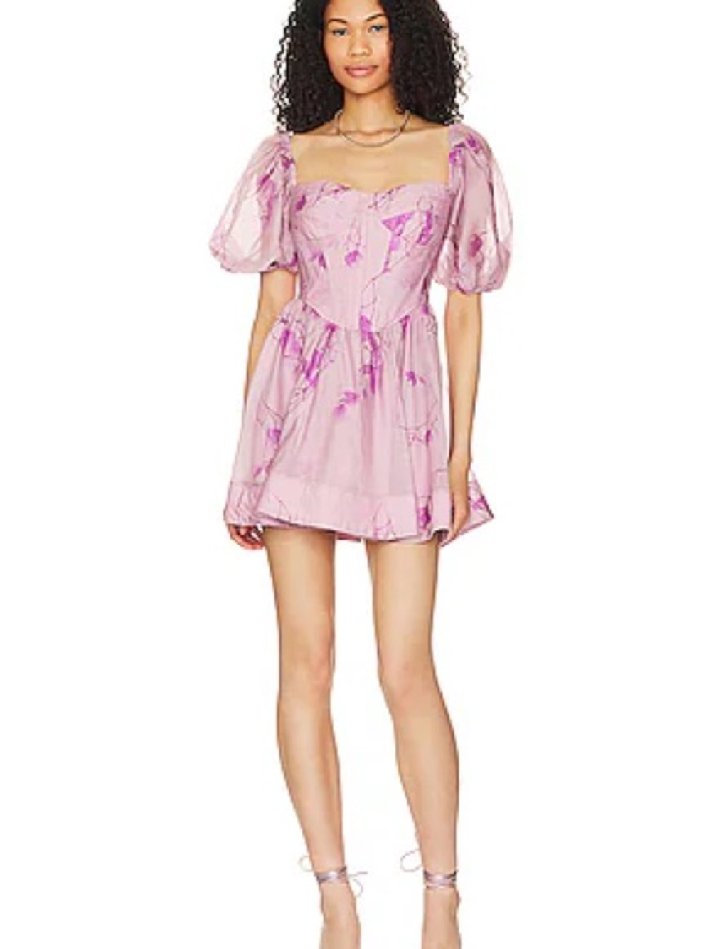 Whimsical Garden Party Fairy Bardot Kiah Corset Mini Dress Purple Floral Puff - Picture 5 of 16